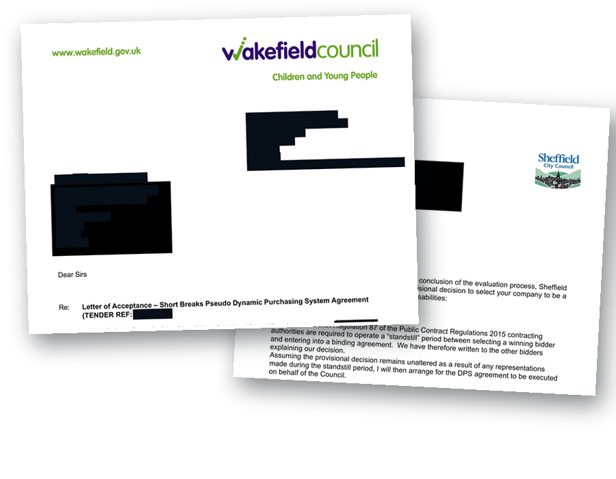 Redacted award decision letters from Wakefield Council and Sheffield City Council